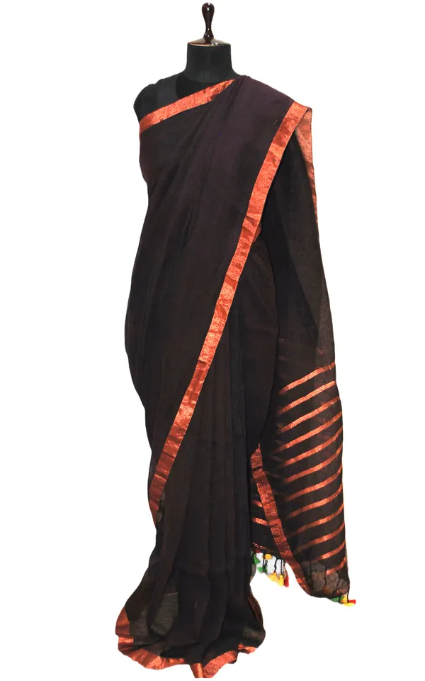 Smart_Linen_Saree_With_Stripe_Pallu_In_Dark_Brown_And_Copper_Zari