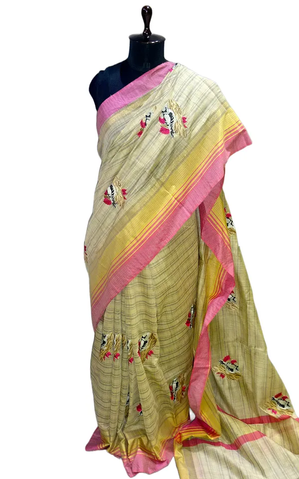Embroidery_Work_Semi_Tussar_Saree_In_Beige_And_Pastel_Pink