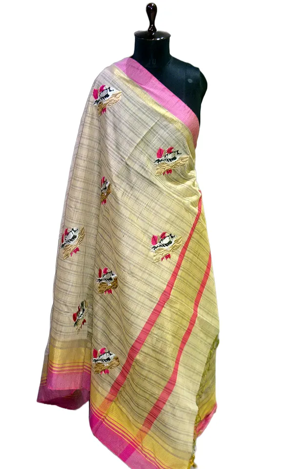Embroidery_Work_Semi_Tussar_Saree_In_Beige_And_Pastel_Pink