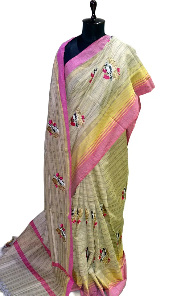 Embroidery_Work_Semi_Tussar_Saree_In_Beige_And_Pastel_Pink