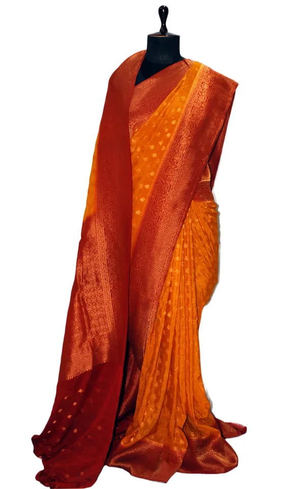 Soft_Semi_Georgette_Banarasi_Saree_In_Gold_Ochre_Dark_Red_And_Antique_Golden