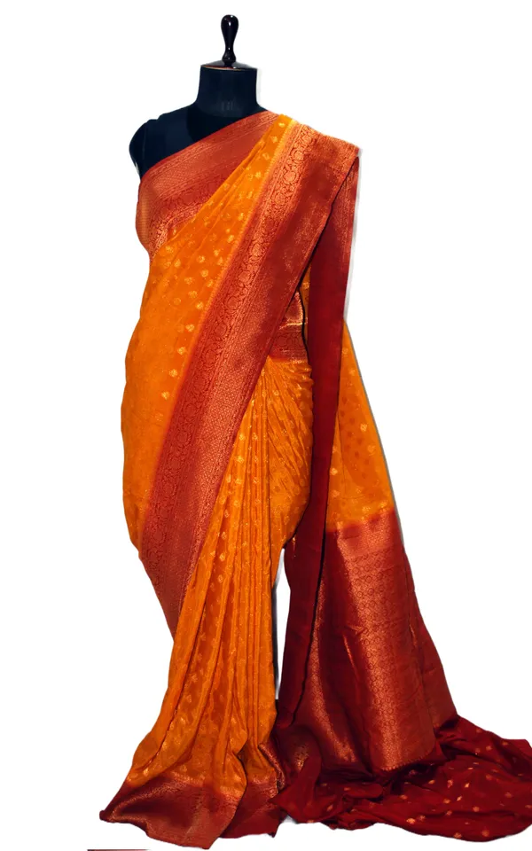 Soft_Semi_Georgette_Banarasi_Saree_In_Gold_Ochre_Dark_Red_And_Antique_Golden