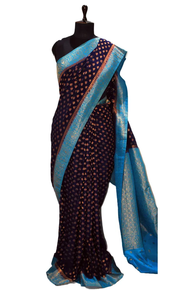 Medium_Border_Soft_Semi_Georgette_Banarasi_Saree_In_Midnight_Blue_Azure_Blue_And_Antique_Golden