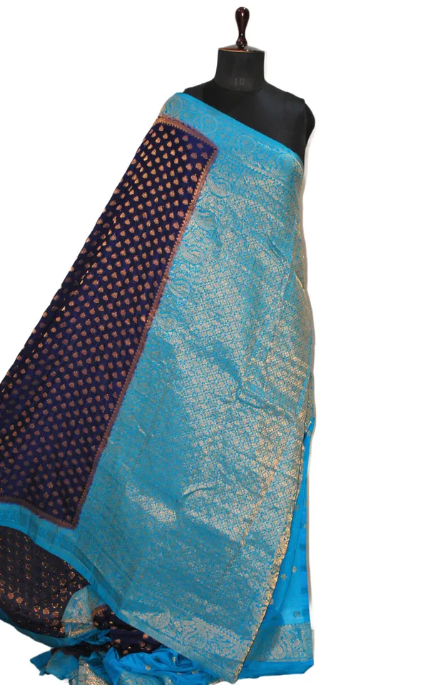 Medium_Border_Soft_Semi_Georgette_Banarasi_Saree_In_Midnight_Blue_Azure_Blue_And_Antique_Golden