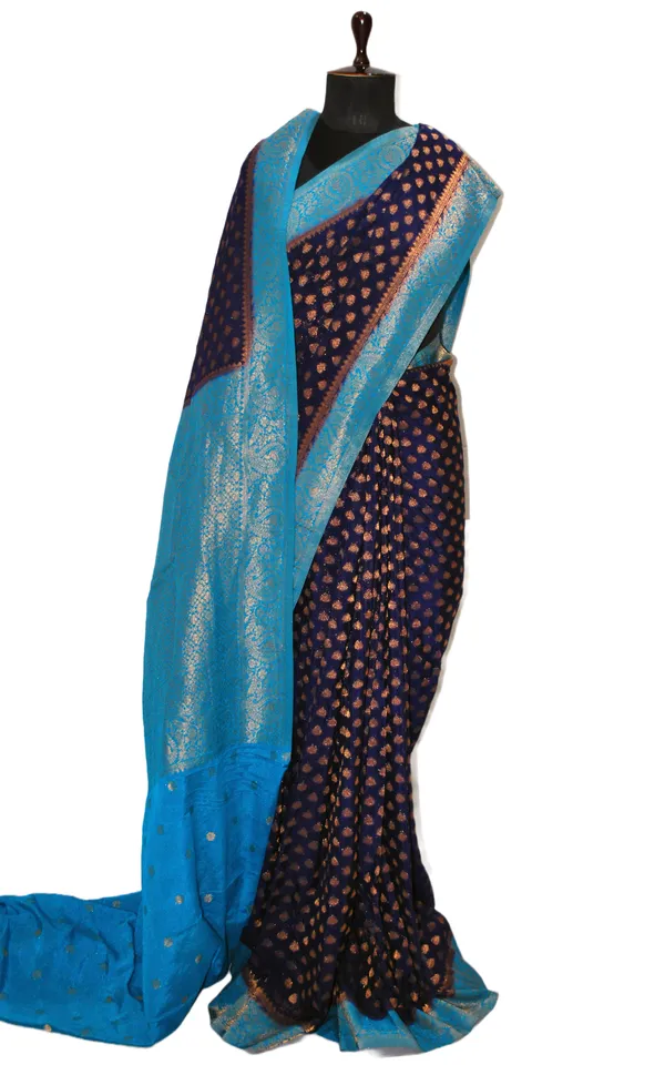 Medium_Border_Soft_Semi_Georgette_Banarasi_Saree_In_Midnight_Blue_Azure_Blue_And_Antique_Golden