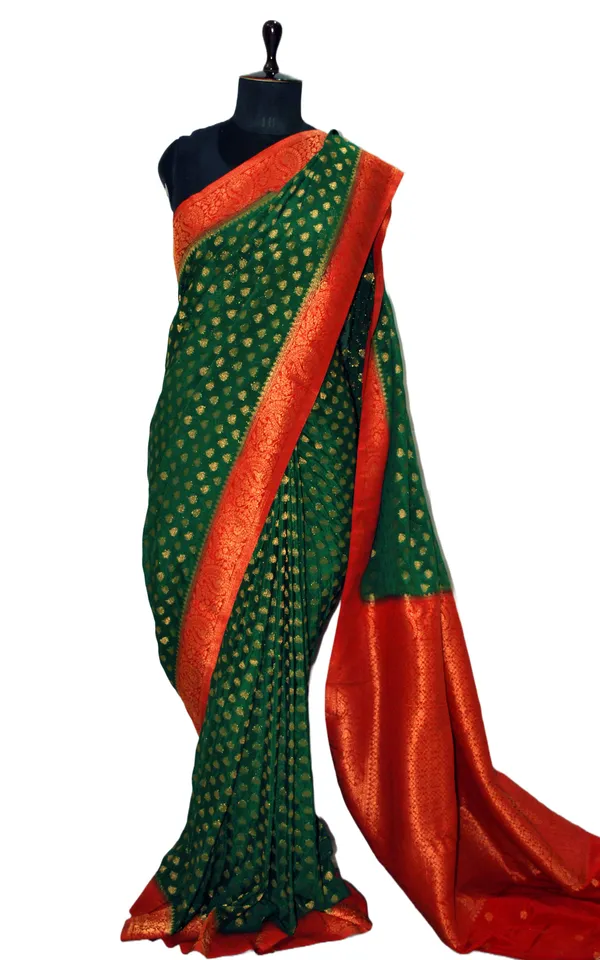 Medium_Border_Soft_Semi_Georgette_Banarasi_Saree_In_Dark_Green_Dark_Red_And_Antique_Golden