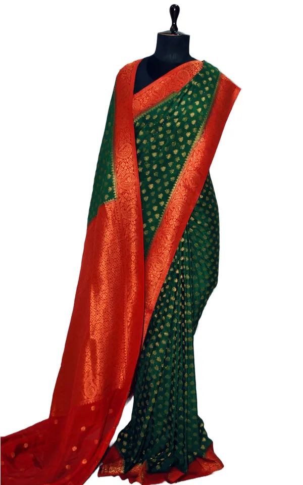 Medium_Border_Soft_Semi_Georgette_Banarasi_Saree_In_Dark_Green_Dark_Red_And_Antique_Golden