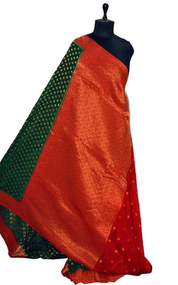 Medium_Border_Soft_Semi_Georgette_Banarasi_Saree_In_Dark_Green_Dark_Red_And_Antique_Golden