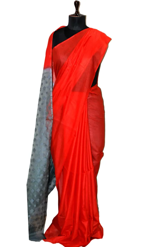 Soft_Bhagalpuri_Silk_Saree_With_Woven_Floral_Muslin_Pallu_In_Red_And_Light_Grey