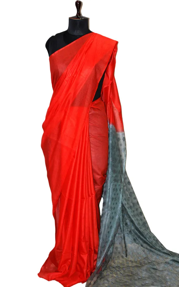 Soft_Bhagalpuri_Silk_Saree_With_Woven_Floral_Muslin_Pallu_In_Red_And_Light_Grey