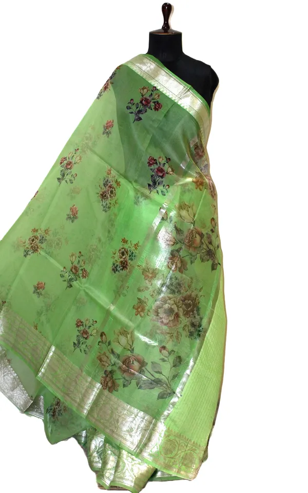 Digital_Printed_Handloom_Kora_Silk_Banarasi_Saree_In_Mint_Green_Multicolor_And_Antique_Silver_Zari