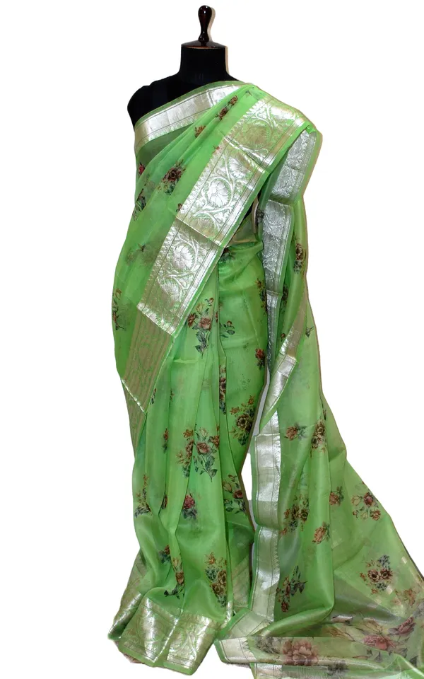 Digital_Printed_Handloom_Kora_Silk_Banarasi_Saree_In_Mint_Green_Multicolor_And_Antique_Silver_Zari