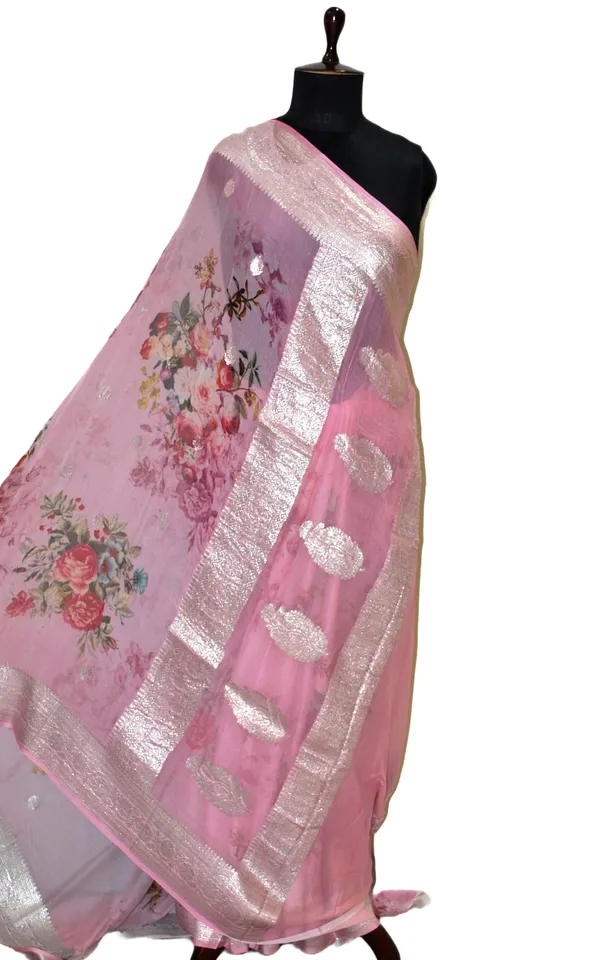 Digital_Printed_Pure_Georgette_Banarasi_Saree_In_English_Pink_Multicolor_And_Silver_Zari_Work