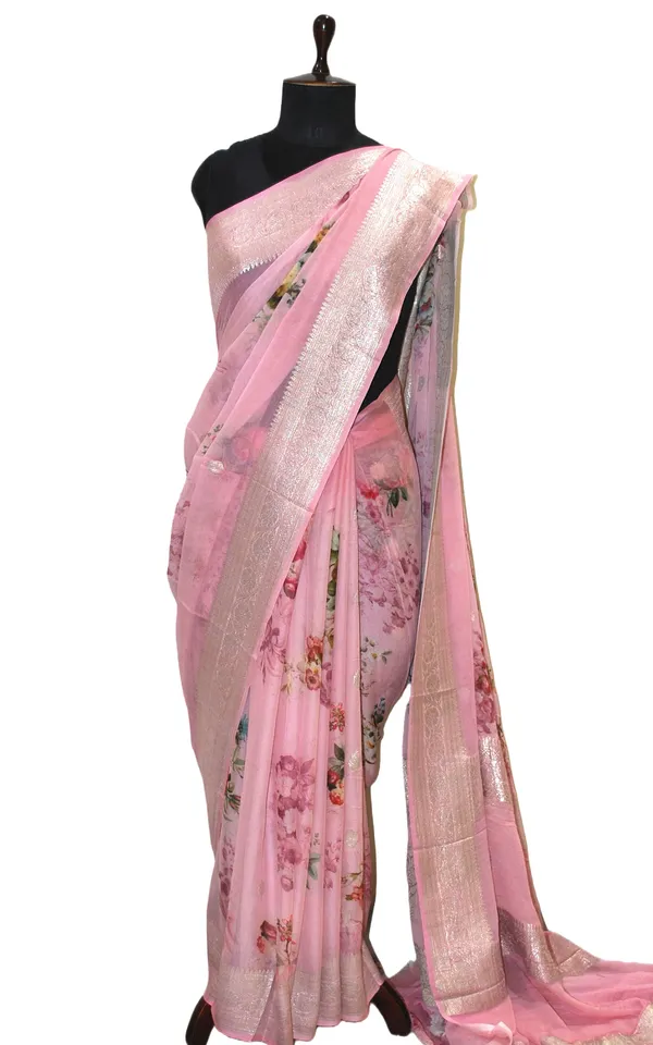 Digital_Printed_Pure_Georgette_Banarasi_Saree_In_English_Pink_Multicolor_And_Silver_Zari_Work