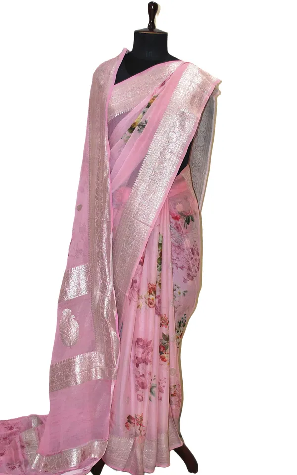 Digital_Printed_Pure_Georgette_Banarasi_Saree_In_English_Pink_Multicolor_And_Silver_Zari_Work