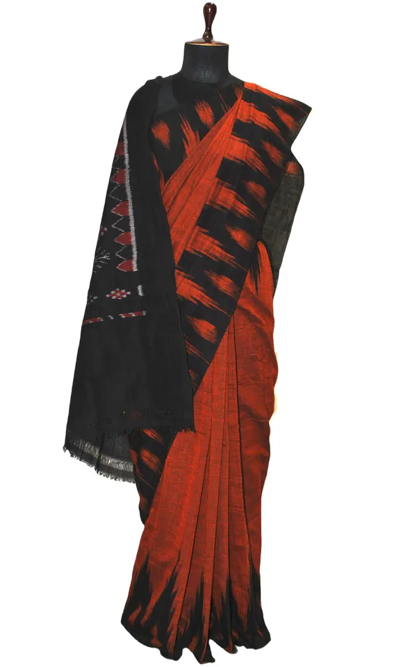 Soft_Mercerized_Cotton_Ikkat_Pochampally_Dark_Orange_Black_Dark_Red_And_Off_White