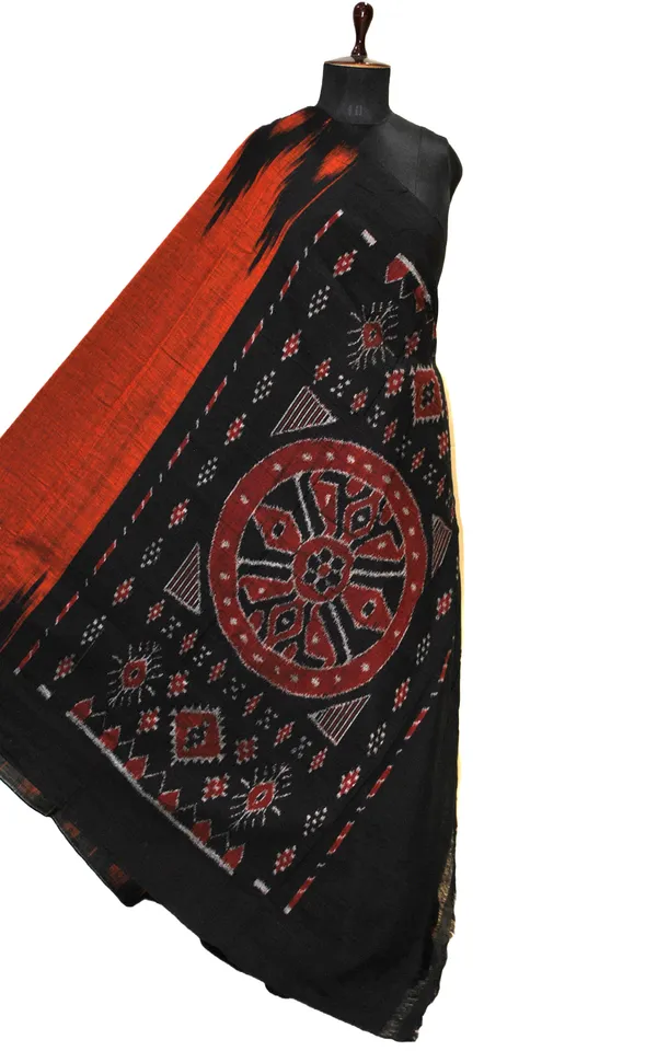 Soft_Mercerized_Cotton_Ikkat_Pochampally_Dark_Orange_Black_Dark_Red_And_Off_White