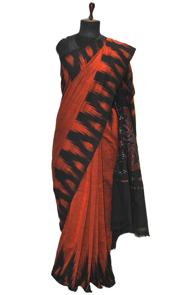 Soft_Mercerized_Cotton_Ikkat_Pochampally_Dark_Orange_Black_Dark_Red_And_Off_White