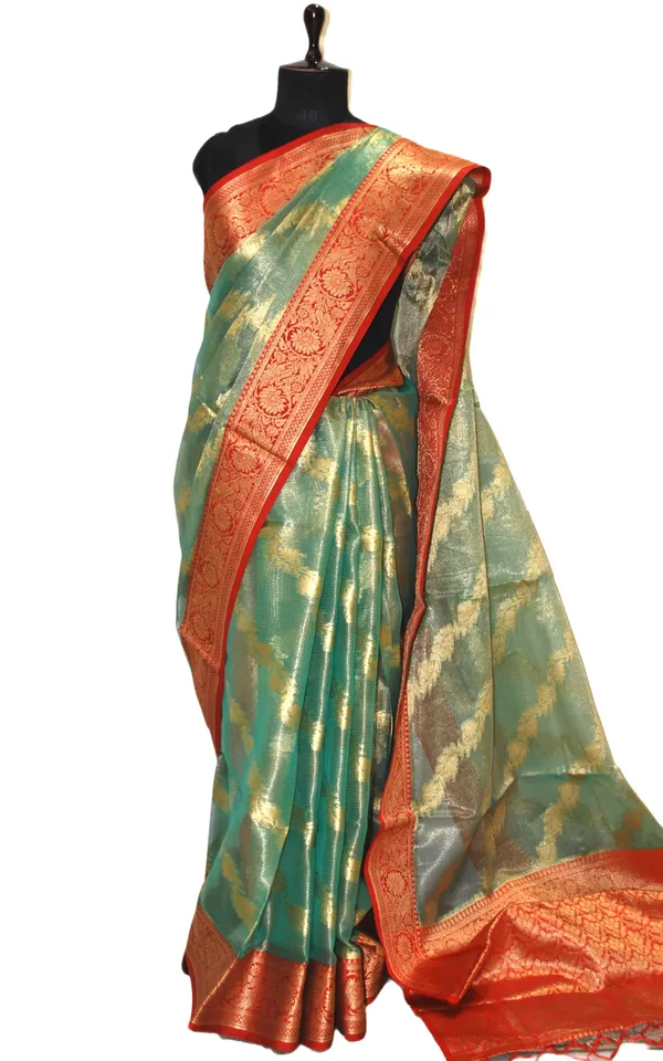 Tissue_Banarasi_Silk_Saree_In_Pastel_Green_Red_And_Matte_Gold