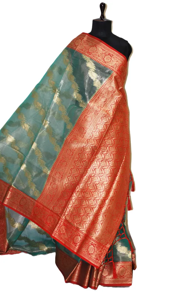 Tissue_Banarasi_Silk_Saree_In_Pastel_Green_Red_And_Matte_Gold