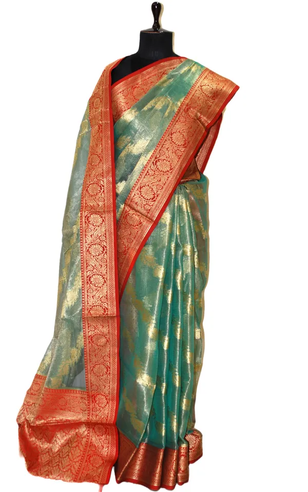 Tissue_Banarasi_Silk_Saree_In_Pastel_Green_Red_And_Matte_Gold