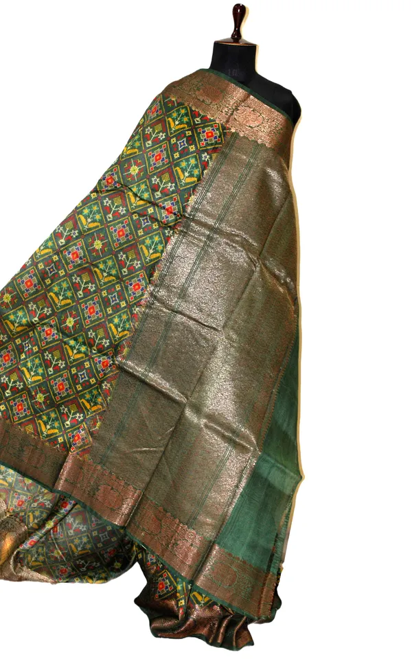 Printed_Patola_Tussar_Banarasi_Saree_In_Pine_Green_Multicolor_And_Gold_Zari_Work