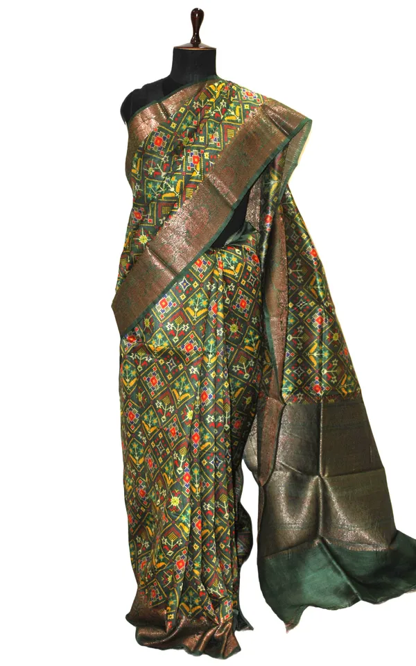 Printed_Patola_Tussar_Banarasi_Saree_In_Pine_Green_Multicolor_And_Gold_Zari_Work
