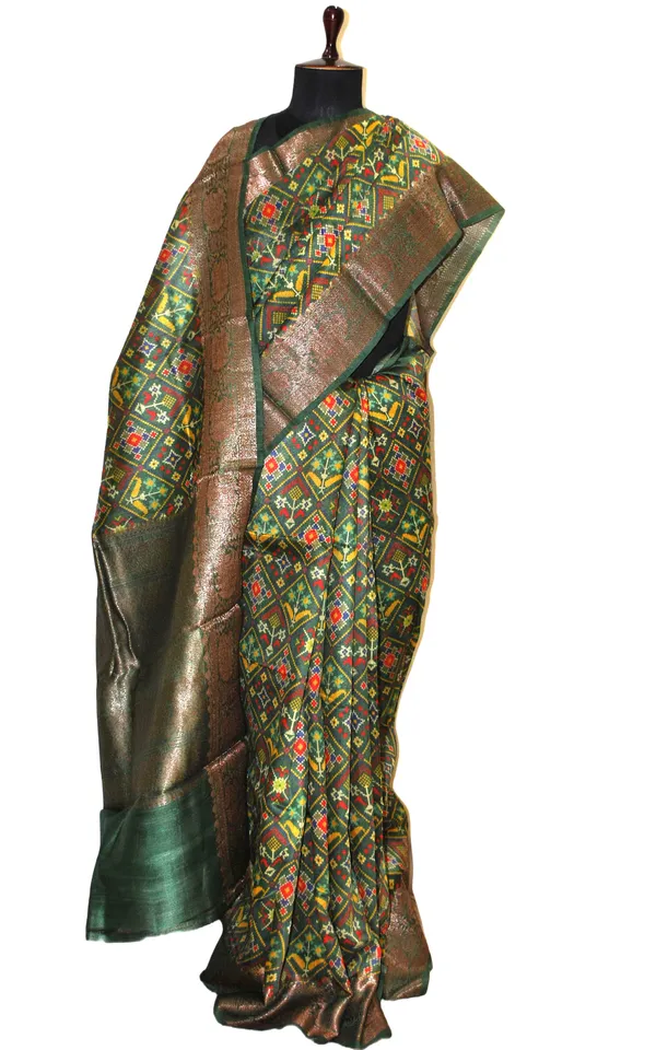 Printed_Patola_Tussar_Banarasi_Saree_In_Pine_Green_Multicolor_And_Gold_Zari_Work