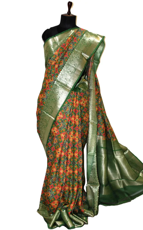 Printed_Patola_Tussar_Banarasi_Saree_In_Forest_Green_Red_Yellow_Blue_And_Gold_Zari_Work