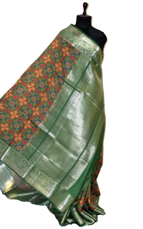 Printed_Patola_Tussar_Banarasi_Saree_In_Forest_Green_Red_Yellow_Blue_And_Gold_Zari_Work