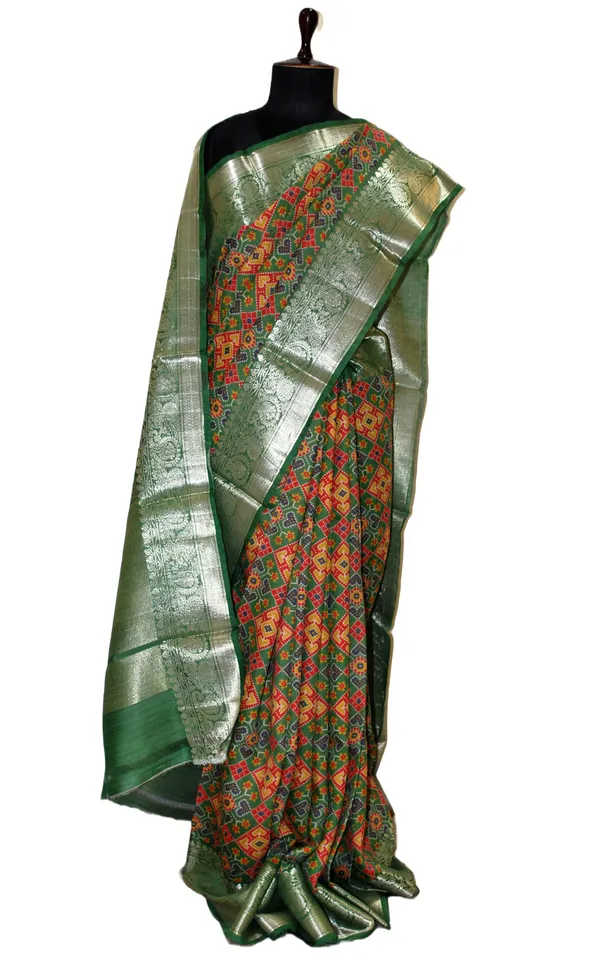 Printed_Patola_Tussar_Banarasi_Saree_In_Forest_Green_Red_Yellow_Blue_And_Gold_Zari_Work