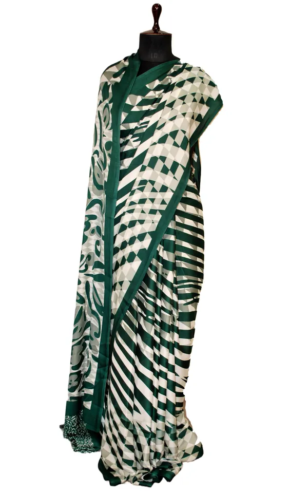 Printed_Soft_Crepe_Silk_Saree_In_Pale_White_Dark_Green_And_Russian_Green