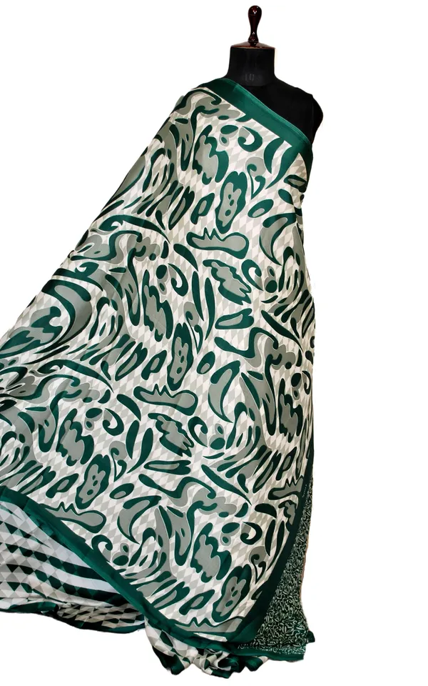 Printed_Soft_Crepe_Silk_Saree_In_Pale_White_Dark_Green_And_Russian_Green