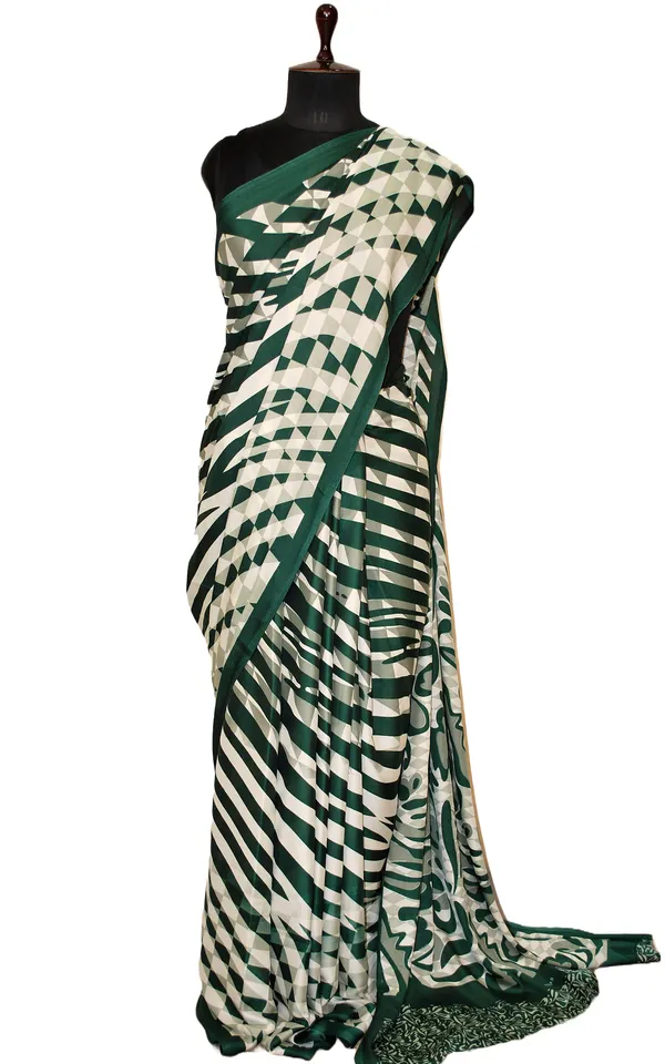 Printed_Soft_Crepe_Silk_Saree_In_Pale_White_Dark_Green_And_Russian_Green