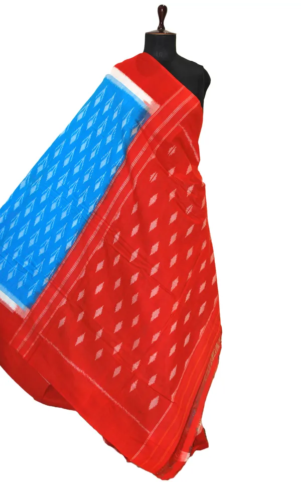 Soft_Mercerized_Cotton_Ikkat_Pochampally_Saree_In_Sky_Blue_Off_White_And_Orange