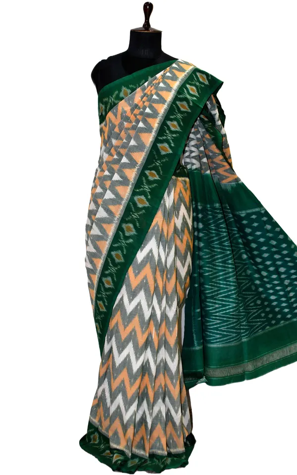 Soft_Mercerized_Cotton_Ikkat_Pochampally_Saree_In_Off_White_Multicolor_And_Bottle_Green