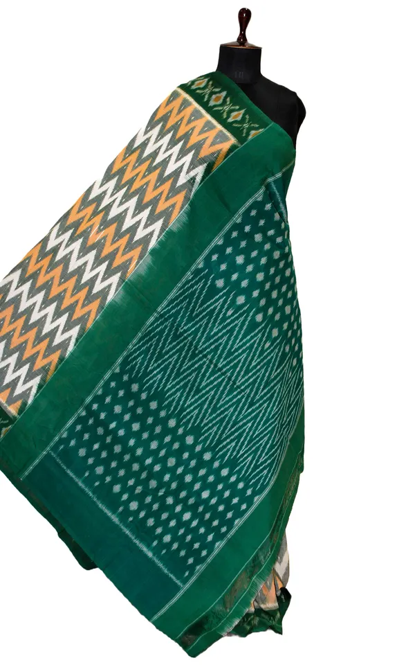 Soft_Mercerized_Cotton_Ikkat_Pochampally_Saree_In_Off_White_Multicolor_And_Bottle_Green