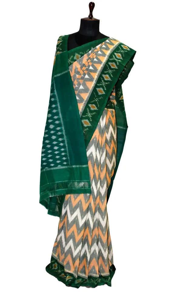 Soft_Mercerized_Cotton_Ikkat_Pochampally_Saree_In_Off_White_Multicolor_And_Bottle_Green