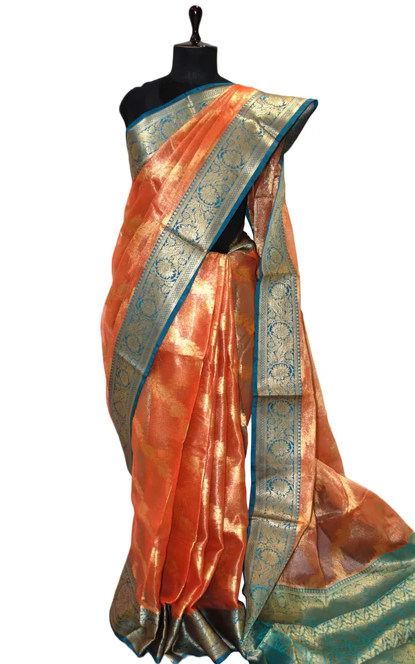 Tissue_Banarasi_Silk_Saree_In_Salmon_Orange_Teal_And_Matte_Gold