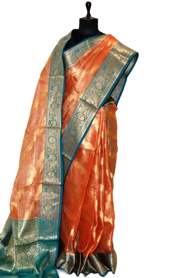 Tissue_Banarasi_Silk_Saree_In_Salmon_Orange_Teal_And_Matte_Gold