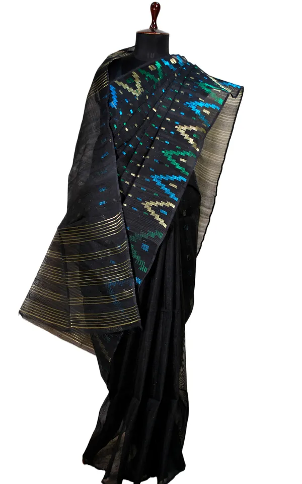 Hand_Karat_Work_Muslin_Jamdani_Saree_In_Black_And_Multicolor_Zari_Nakshi_Work