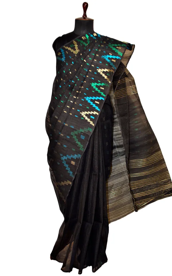 Hand_Karat_Work_Muslin_Jamdani_Saree_In_Black_And_Multicolor_Zari_Nakshi_Work