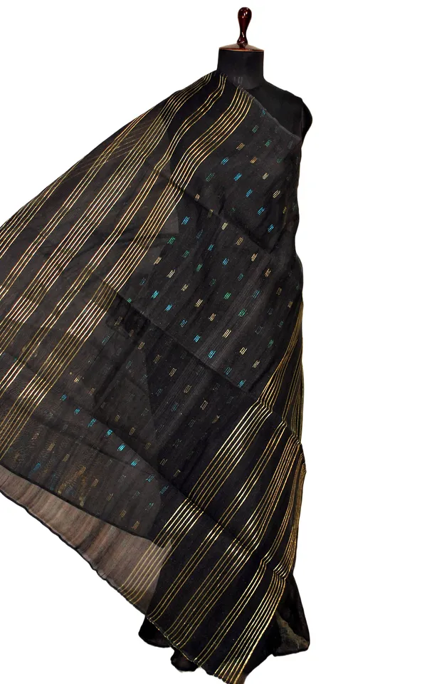 Hand_Karat_Work_Muslin_Jamdani_Saree_In_Black_And_Multicolor_Zari_Nakshi_Work
