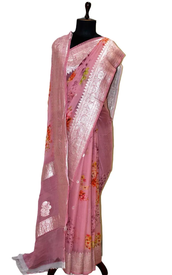 Digital_Printed_Pure_Georgette_Banarasi_Saree_In_Thulian_Pink_Multicolor_And_Silver_Zari_Work