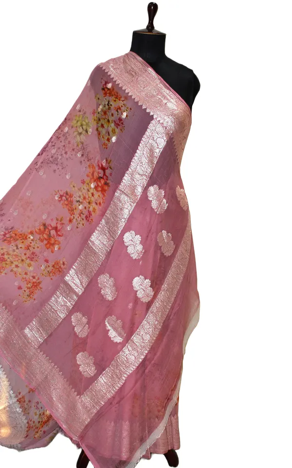 Digital_Printed_Pure_Georgette_Banarasi_Saree_In_Thulian_Pink_Multicolor_And_Silver_Zari_Work