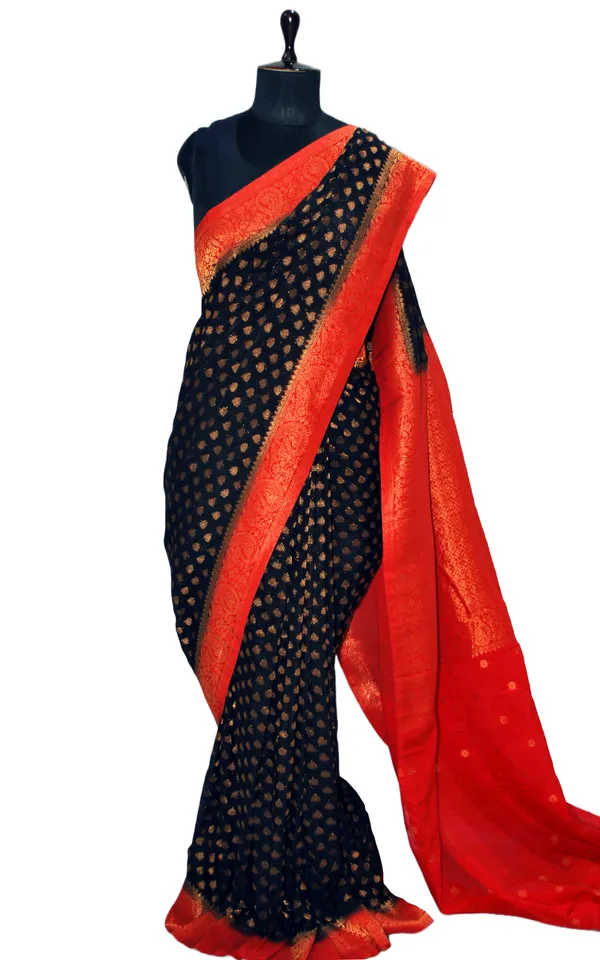 Medium_Border_Soft_Semi_Georgette_Banarasi_Saree_In_Black_Red_And_Antique_Golden