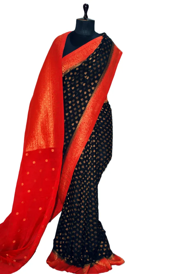 Medium_Border_Soft_Semi_Georgette_Banarasi_Saree_In_Black_Red_And_Antique_Golden