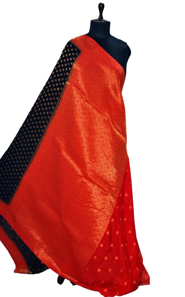 Medium_Border_Soft_Semi_Georgette_Banarasi_Saree_In_Black_Red_And_Antique_Golden