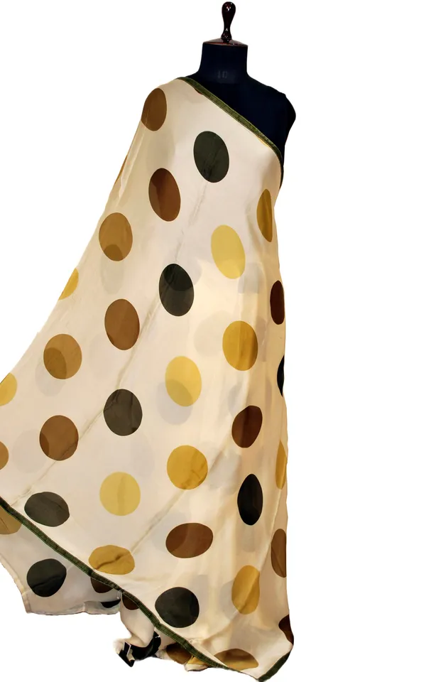 Printed_Soft_Crepe_Silk_Saree_In_Beige_Green_And_Multicolor_Polka_Prints