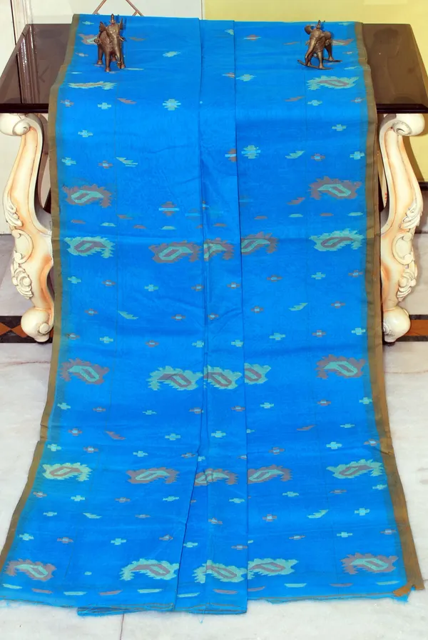 Traditional_Hand_Karat_Work_Cotton_Jamdani_Saree_In_Cobalt_Blue_Brown_And_Beige_Thread_Work